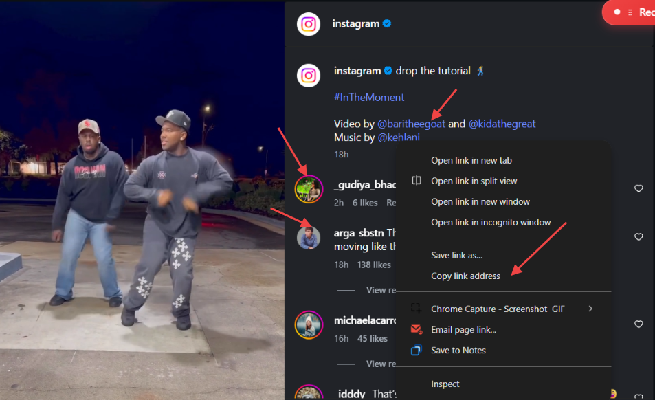 Screenshot showing how to hover over a clickable profile link in an Instagram post and right-click to copy the link address